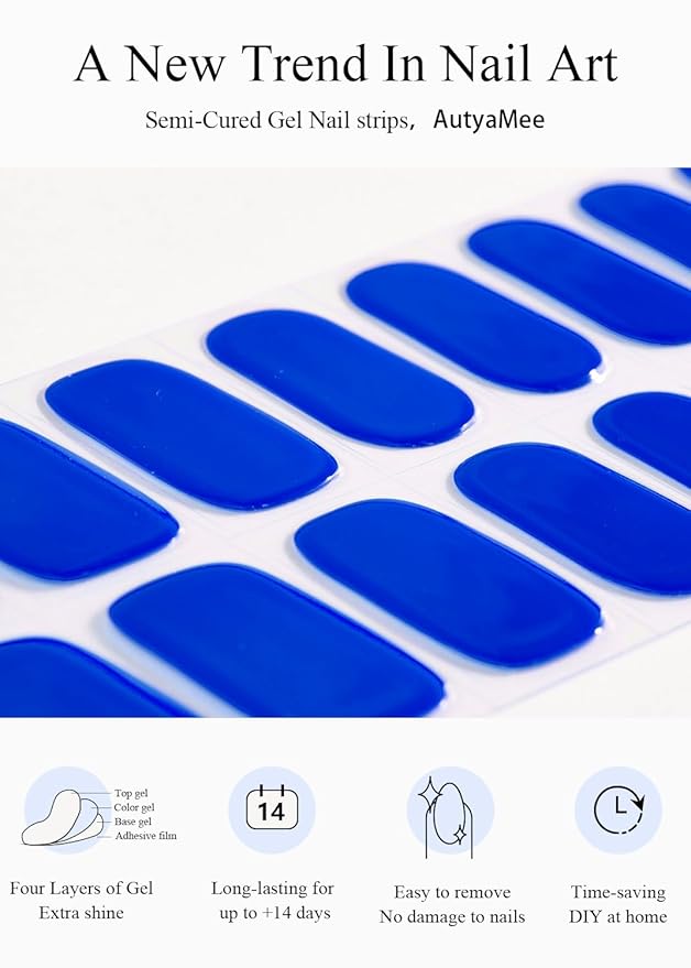 Semi Cured Gel Nail Strips (Blue), 20 Pcs Gel Nail Wraps, Stickers, UV Light Required, Salon Quality, Long Lasting