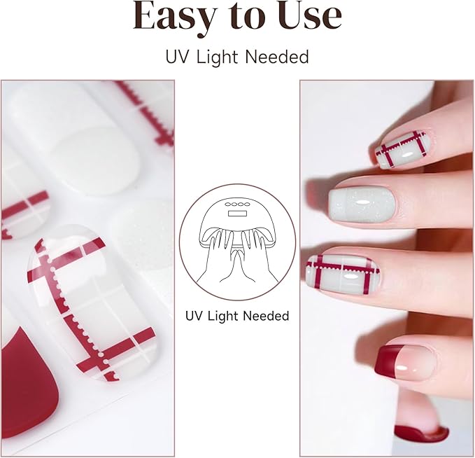 Semi Cured Gel Nail Strips | 28 pcs Gel Nails Strips for Women Work with Any UV Lamp, UV Nail Stickers for Women Home DIY Nails Art (Plaid Rhythm)