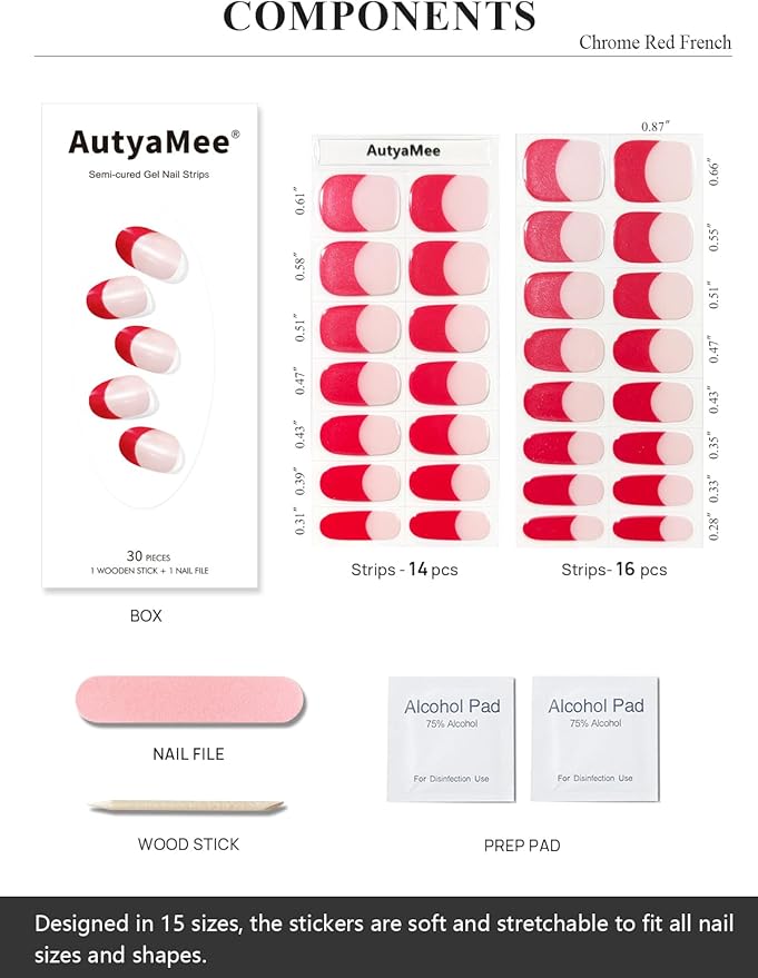 Semi Cured Gel Nail Strips (Chrome Red French), Glazed Donut, 30 Pcs Gel Nail Wraps, Stickers, UV Light Required