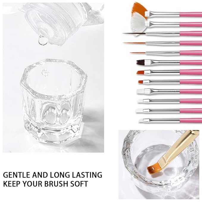 AIJIMEI Nail Brush Cleaner Restorer Nail Brush Cleaner Solution Clean Manicure Brushes Set A with Glass Cup & Cleaning Cotton Pads for Nail Art Brushes 58ml