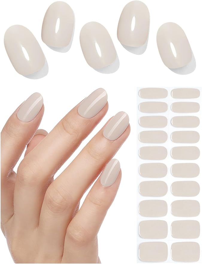 Semi Cured Gel Nail Strips, 20pcs Light Kahki Gel Nail Stickers UV for Home Nails DIY