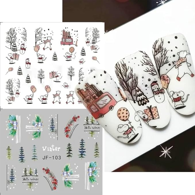 12 Sheets Christmas Nail Stickers Water Transfer Nail Decals Santa Claus Snowman Elk Penguin Nail Art Stickers Pine Winter Nail Art Supplies for Women Xmas Nail Art Decorations