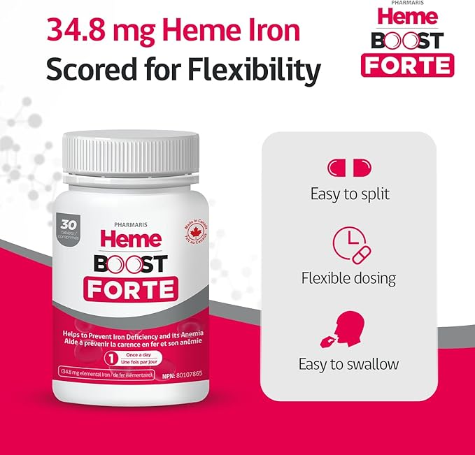 Hemeboost Forte 34.8 mg (696 mg Heme Iron) I 30 Tablets I High Potency Natural Iron Supplement I High Absorption & Gentle on Stomach I Iron Pills for Adults & Safe for Use in Pregnancy