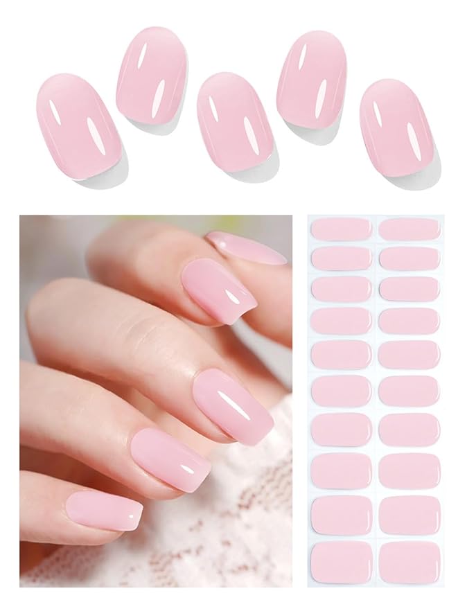 Semi Cured Gel Nail Strips, Jelly Baby Pink 20pcs Gel Nails Sticker, Gel Nail Wraps UV for Home Nails DIY