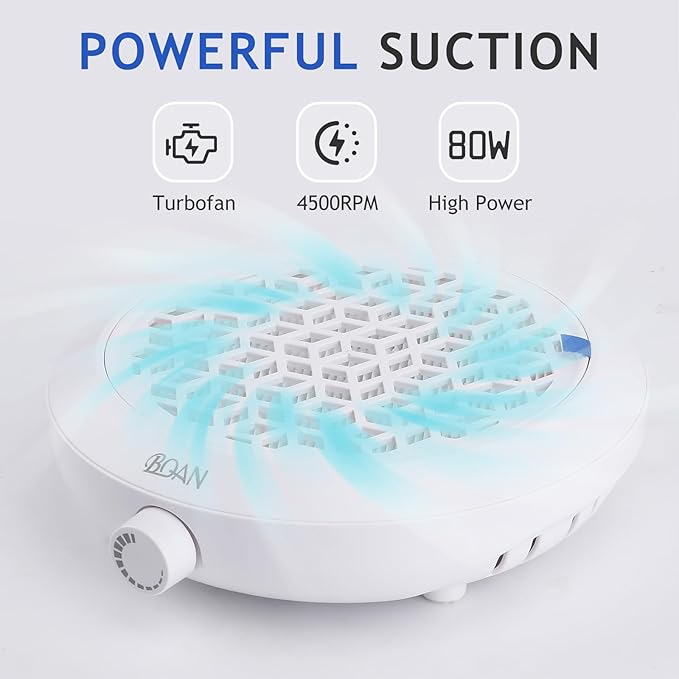 BQAN Nail Dust Collector, 80W Powerful Adjustable Extractor with Brush and 2 Reusable Filters, Nail Vacuum Dust Collector for Acrylic Gel Nail Polishing, Salon & Home