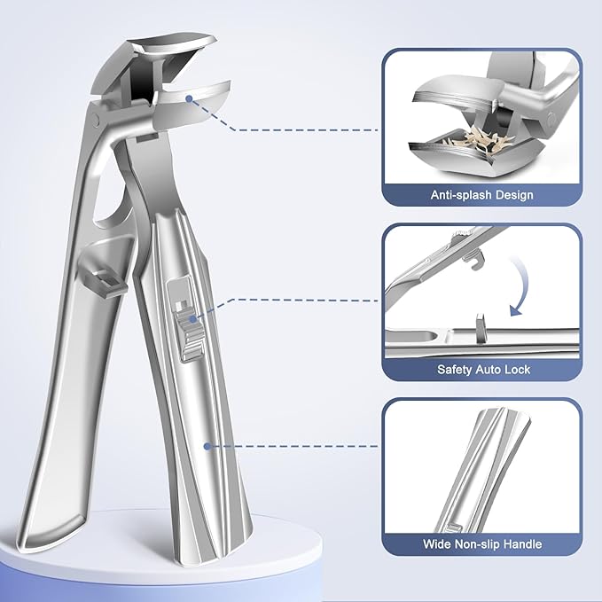 Toenail Clippers for Seniors Thick Nails - Angled Head Nail Clippers with Catcher, Mess Free Wide Jaw Sharp Blade Toe Nail Clippers