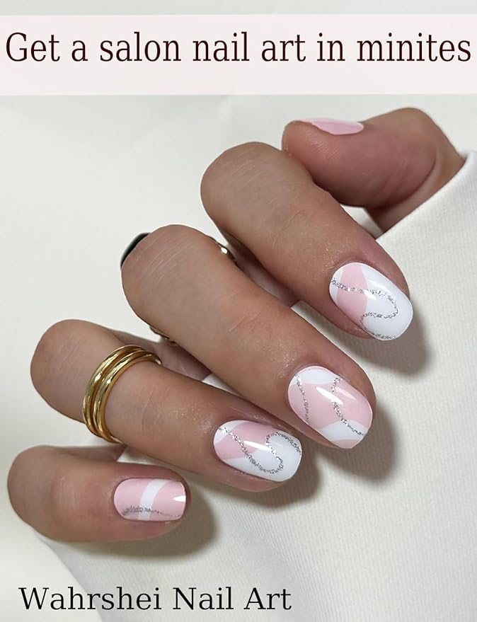 Gel Nail Strips No UV, Nude Geometry, UV Free, Long Lasting Gel Stickers - Contains 22 Wraps, 1 Prep Pad, 1 File