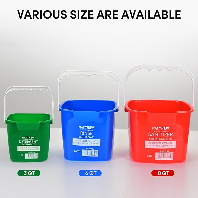 Matthew Detergent&Sanitizing Cleaning Bucket 8 Quart Plastic Pail,Set of 12 Square Containers,Built-in Spout w/Handle,Wash Rinse Sanitize Handwash Bucket for Home Office Commercial Restaurant (Red)