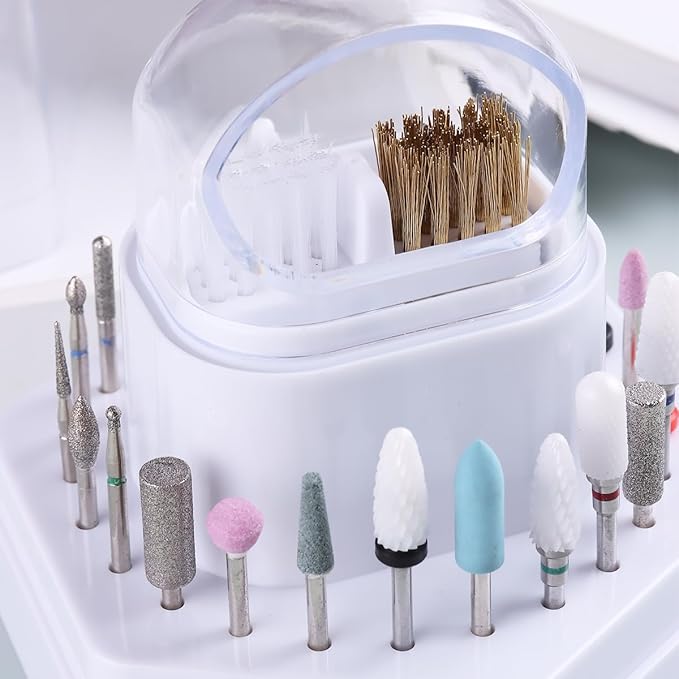 2 in1 Nail Drill Bit Holder and Nail Drill Bits Cleaner Brush Case, 24 Holes White Nail Drill Bit Holder Stand Display Organizer Dust Proof Storage Container Box Case Nail Tech Supplies