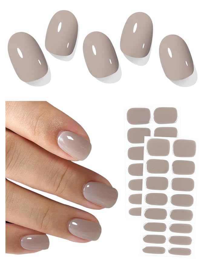 Semi Cured Gel Nail Strips (Gray Brown), Pearl Glazed, 30 Pcs Gel Nail Wraps, Stickers, UV Light Required