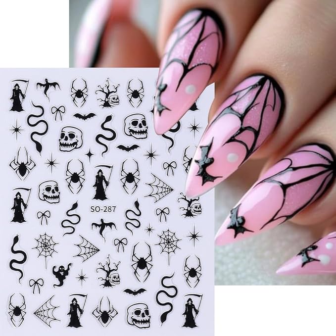 9 Sheets Halloween Nail Stickers for Nail Art, 3D Self-Adhesive Bat Spider Web Nail Decals, Ghost Pumkin Leaf Nail Supplies Nail Art Design Accessories for Women and Girls Manicure DIY Decoration