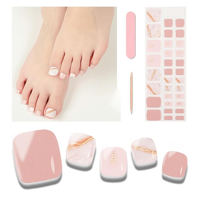 Semi Cured Gel Toenail Strips, 32 Pink Texture Gel Toenail Stickers - Works with Any UV Lamps Pedicure Strips Full Nail Wraps with Nail File & Wood Stick