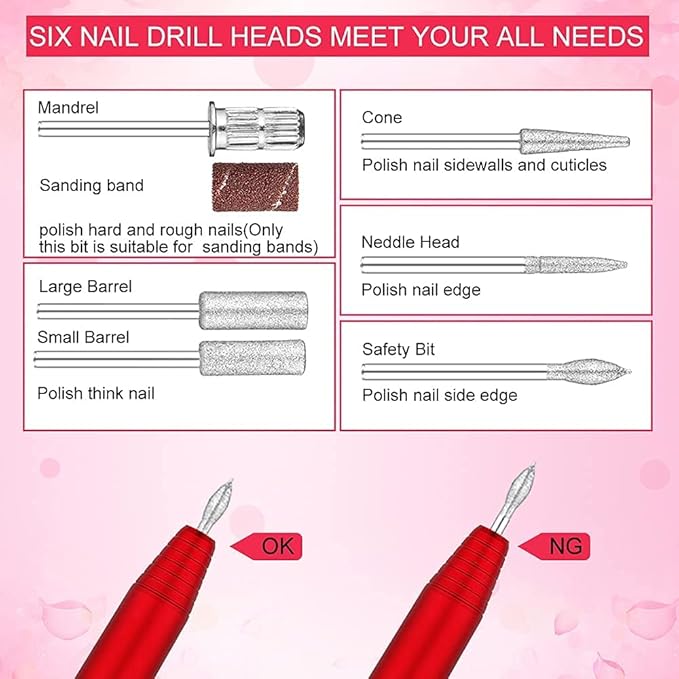 Electric Nail Drill, Professional Portable Nail Drill for Acrylic Nails, Portable Electric Nail File Kit with Drill Bits and Sanding Bands,Manicure Pedicure for Polishing,Nail Removing(Red)