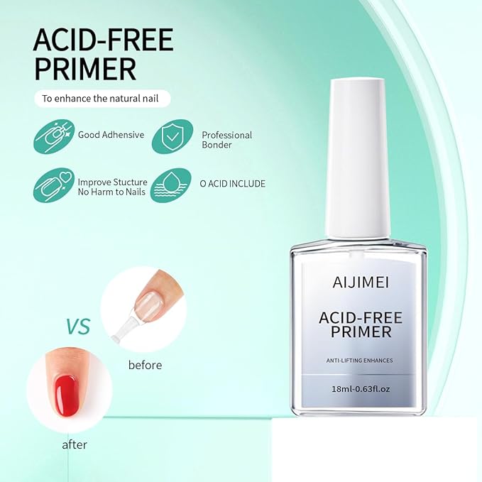 AIJIMEI Professional Natural Nail Prep Dehydrator and Acid Free Primer For Acrylic False Nail Tips Bond Base Coat Gel Nail Polish and Quick Drying Adhesive Dehydration Set（18ml/0.63fl.oz