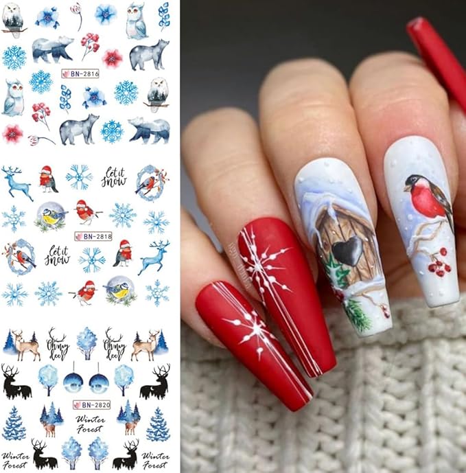 12 Sheets Snowflake Nail Art Stickers Water Transfer Nail Decals Christmas Nail Art Decorations Blue Snowflake Elk Santa Tree Bear Cute Winter Pattern Watermark Nail Stickers for Women DIY Nail Supply