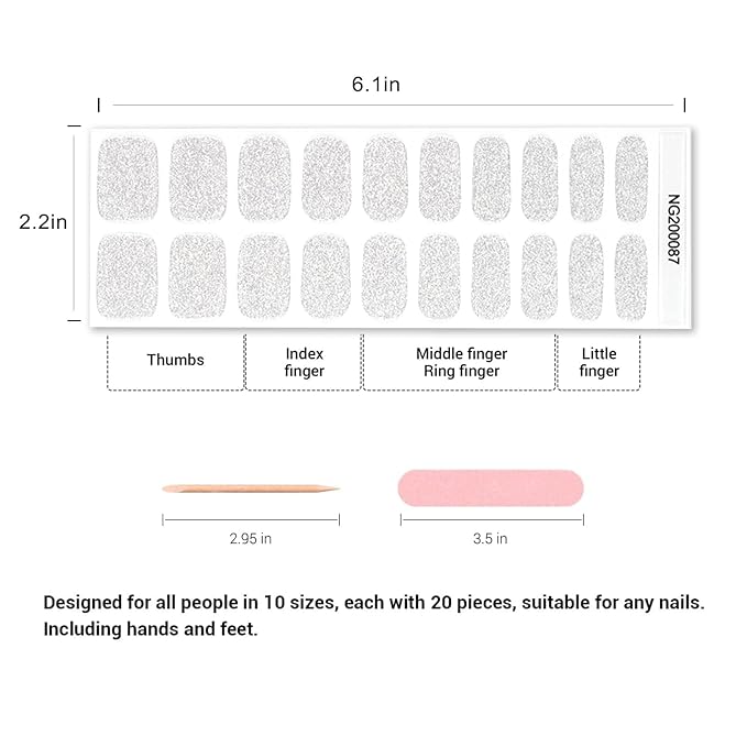 Semi Cured Gel Nail Strips, 20pcs Real Nail Polish Art Stickers, Silver Glitter Gel Nail Stickers - Work with Any UV Lamp, Long Lasting Full Wraps with Nails File and Stick