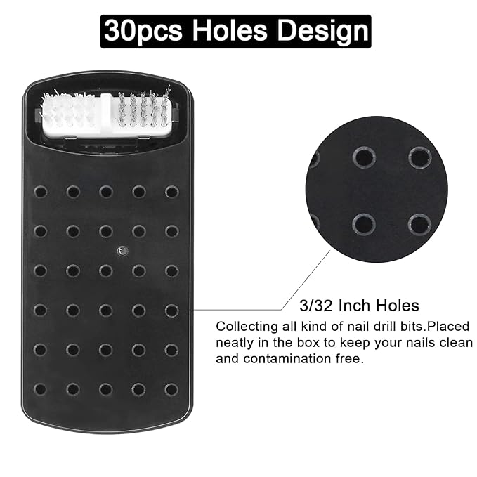 2 In 1 Nail Drill Bits Holder & Cleaning Brush Case,30 Holes Nail Bits Stand Organizer Container,Acrylic Drill Bits Display Storage Box Cleaner for Manicure (Not Include Nail Drill Bits) Black