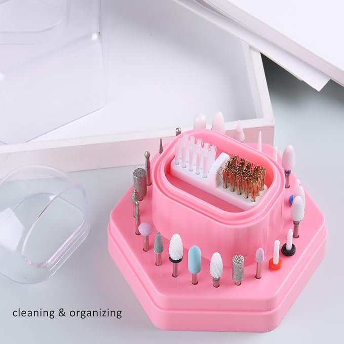 2 in1 Nail Drill Bit Holder and Nail Drill Bits Cleaner Brush Case, 24 Holes Pink Nail Drill Bit Holder Stand Display Organizer Dust Proof Storage Container Box Case Nail Tech Supplies