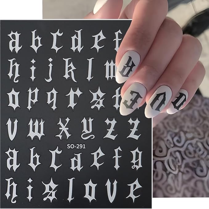 Retro English Letters Nail Stickers 3D Self Adhesive Old English Nail Art Stickers Black White Gold Silver Nails Design Decals Old Alphabet Nail Decorations for Women DIY Nails Supplies 8Sheets