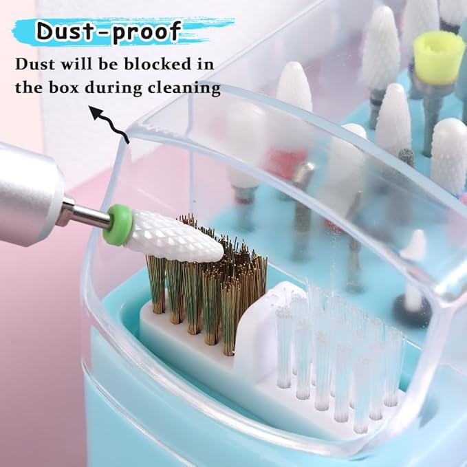 2 in 1 Nail Drill Bit Holder & Cleaner Brush Case, 30 Holes Dustproof Stand Display Organizer Container, Steel Wire & Nylon Double Brush for Cleaning Tungsten Carbide Ceramic Nail Drill Bits Cuticle