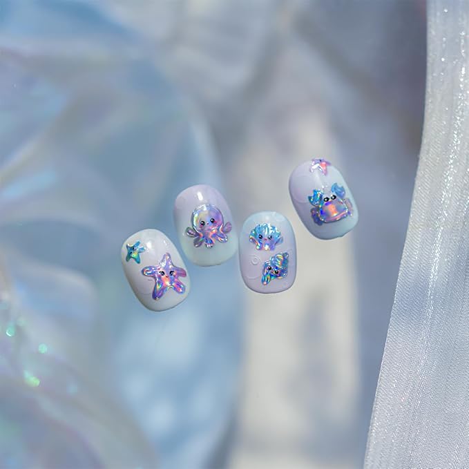 Summer Nail Art Stickers 5D Jelly Embossed Conch Shell Nail Decals Cute Jellyfish Crab Dolphin Starfish Nail Stickers Blue Ocean Animal Nail Supplies for Women Manicure Decoration 1 Sheets