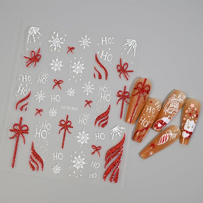 Christmas Nail Stickers - 10 Sheets 3D Nail Art Decals with Christmas Hat Snowflake Elk Red French Glitter Nail Decals Stickers - DIY Manicure Supplies for Women