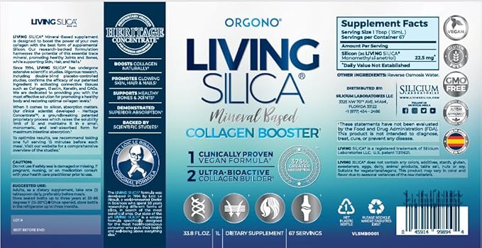 Orgono Living Silica Collagen Booster | Vegan Mineral-Based Silica Supplement | Supports Healthy Collagen & Elastin Production for Joint & Bone Support, Glowing Skin, Strong Hair & Nails | 33.8 Fl Oz