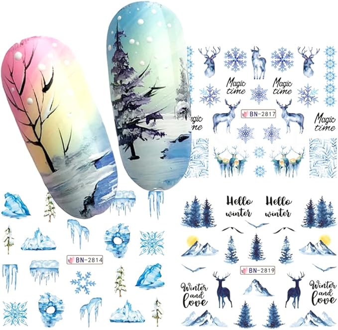 12 Sheets Snowflake Nail Art Stickers Water Transfer Nail Decals Christmas Nail Art Decorations Blue Snowflake Elk Santa Tree Bear Cute Winter Pattern Watermark Nail Stickers for Women DIY Nail Supply
