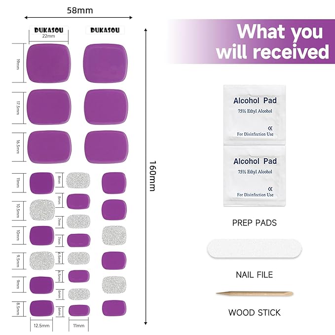 Semi Cured Gel Toe Nail Strips,26 Pcs Toes Nail Stickers Wraps(Purple),UV Light Required,Easy to Apply