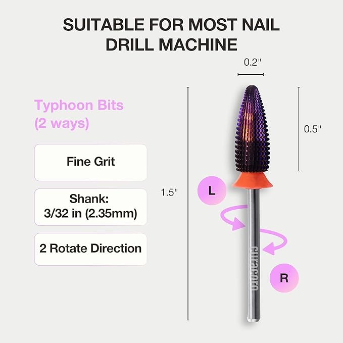 Curacoro Nail Drill Bits 3/32'' - Typhoon Bits, 2 Way, Carbide Bit (Fine) for Gently Removal of Gel Polish, Buffing to Smooth & Shiny Nails, Precise & Easy Control, Nail Art Salon & Home