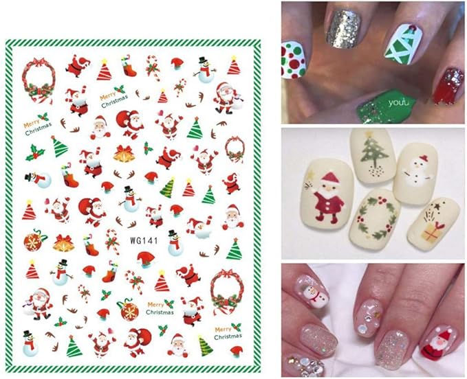 6 Sheets Christmas Nail Art Stickers 3D Snowflake Self-Adhesive Nail Decals Tree Bell Santa Claus Elk Sock Designs Sticker Xmas Winter Nails Supplies for Fingernails & toenail Charms Nail Art Decor