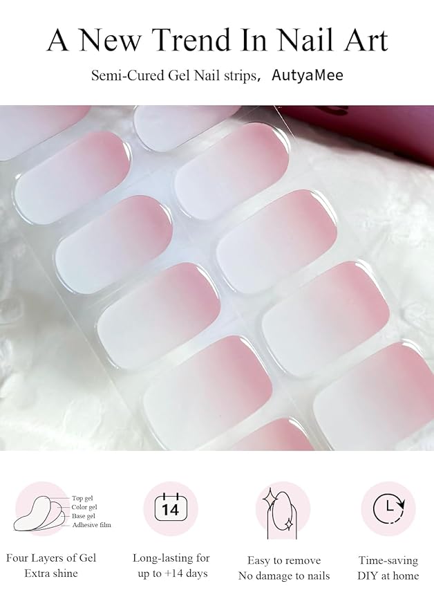 Semi Cured Gel Nail Strips (Jelly Omber Pink), 20 Pcs Gel Nail Wraps, Stickers, Salon Quality, Long Lasting, Works With Any Lamps