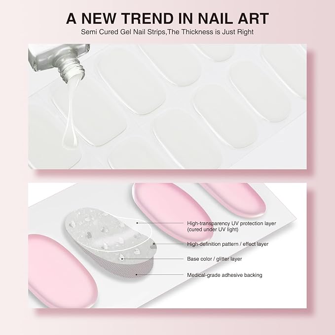 Semi Cured Gel Nail Strips, 20 PCS Gel Nail Stickers Work with UV Light, Gel Nail Wraps, Salon Quality & Easy to Use - Moonlit Frost