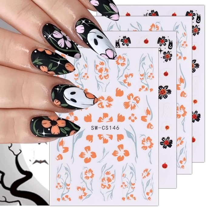 Halloween Nail Stickers Ghost Nail Decals DIY Self Adhesive Orange Black Floral Nail Design Cute Nail Decoration Supplies Holiday Manicure Accessories for Women Girls 6Pcs
