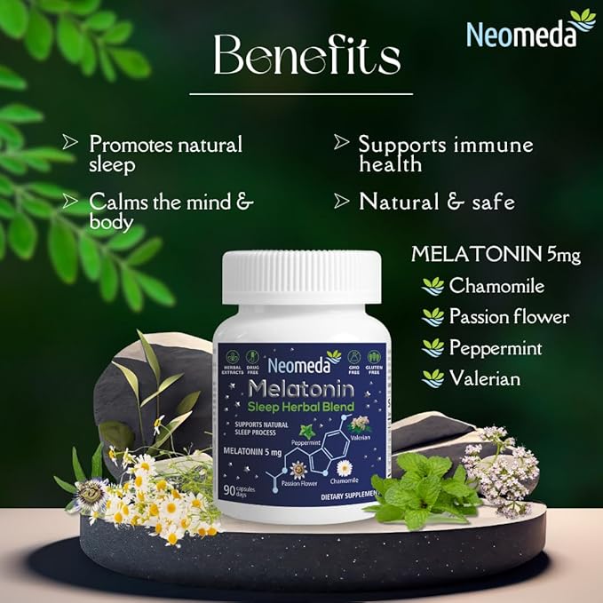 Melatonin Sleep Herbal Blend - Natural Sleep Support for Restful Nights with Melatonin 5mg & Calming Herbs - Drug-Free Dietary Supplement, 90 Capsules, 90-Day Supply