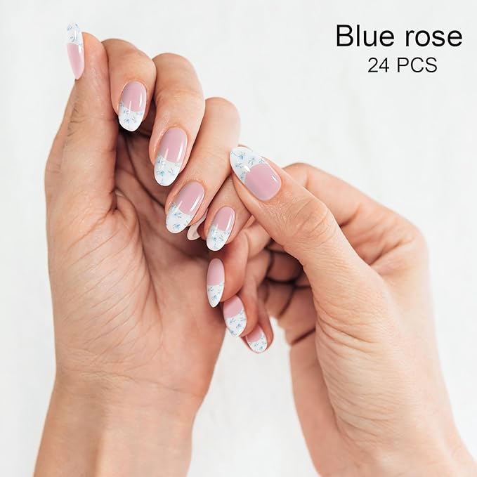 Semi Cured Gel Nail Strips, Blue Rose | 28 pcs Gel Nail Strips Work with Any UV Lamp, Salon Quality UV Nails Stickers, Easy to Apply for Home Nails DIY