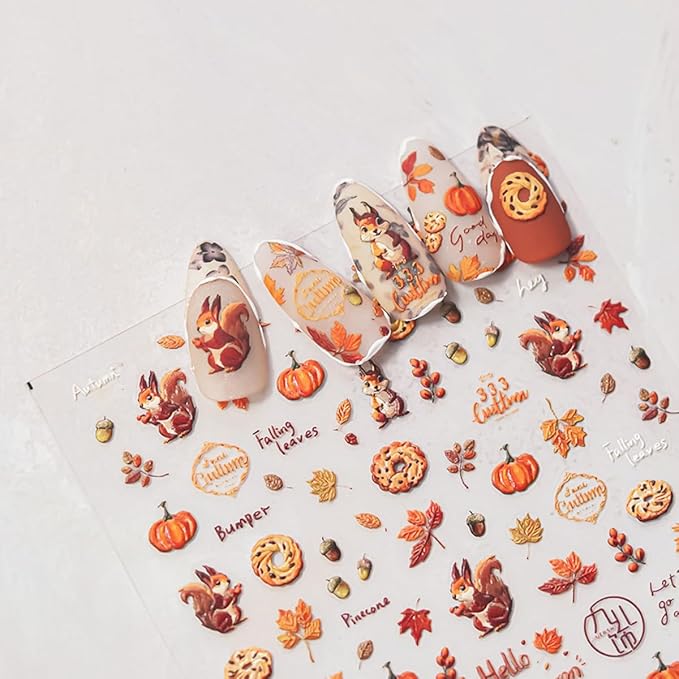 Fall Nail Art Stickers 5D Embossed Maple Leaf Squirrel Nail Decals 1PCS Falling Leaves Pumpkin Pinecone Autumn Nails Design Engraved Fall Stickers for Thanksgiving Day DIY Manicure Nail Art Decoration