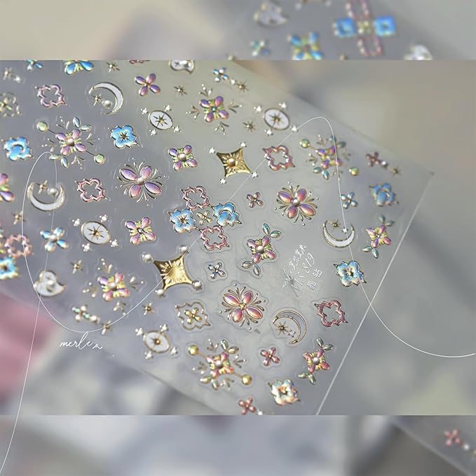 1 Sheets Bohemian Nail Art Stickers Decals 5D Embossed Holographic Glitter Moon Heart Nail Decals with Pearl Bohemian Design Flower Nail Stickers Moon Star Stickers for Nails Supplies Decoration