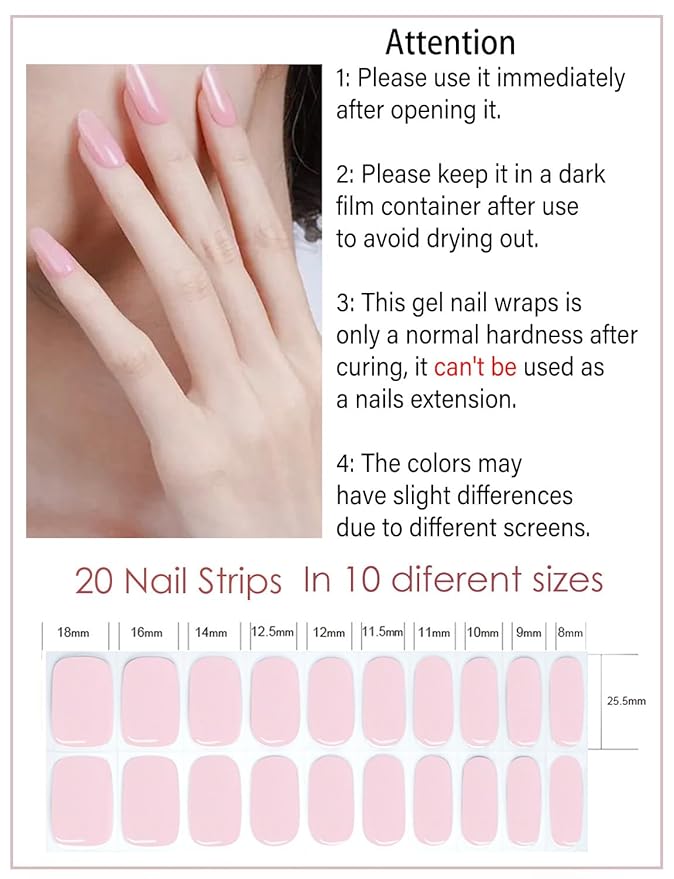 Semi Cured Gel Nail Strips, Jelly Baby Pink 20pcs Gel Nails Sticker, Gel Nail Wraps UV for Home Nails DIY