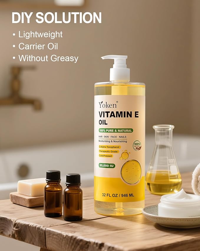 Yoken Vitamin E Oil 32 Fl Oz Organic Vitamin E oil for Skin 95,000 IU Vitamine oils for Scars Hair,Face,Nail,Scalp Perfect DIY Bath and Body Oil Cold Pressed Hexane Free Non-GMO Gluten Free Formula