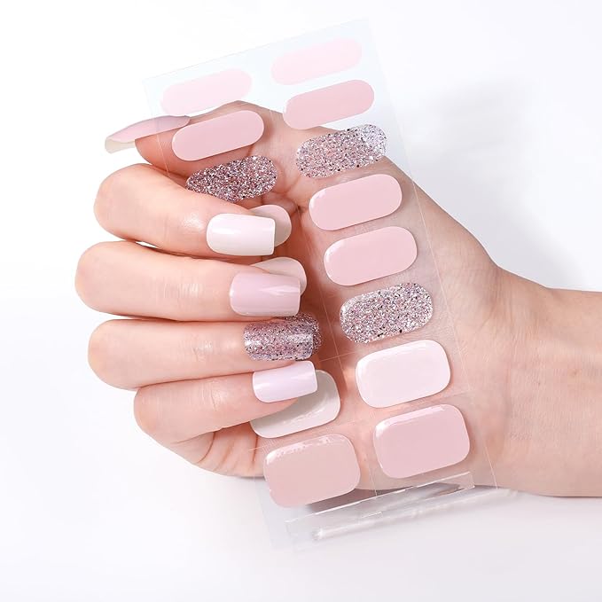WOKOTO Semi Cured Gel Nail Strips (Pink & Glitter)-16 Pcs Gel Nail Stickers | Gel Nail Wraps | UV Light Required, Salon Quality & Easy To Use, Real Nail Polish Strips Stick On Nails With Nail File