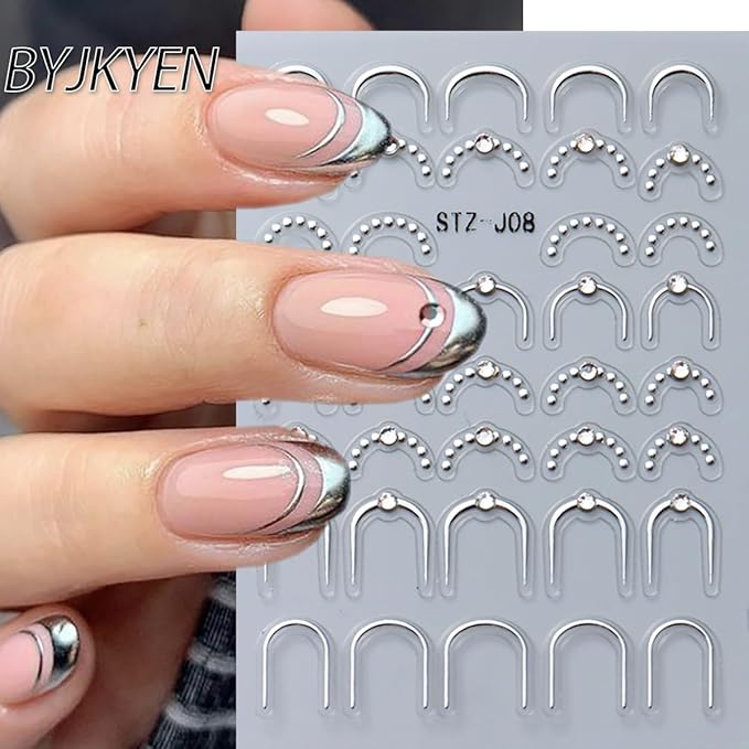 French Tip Nail Stickers for Nail Art 6 Sheets Crystal Diamond Nail Design Decals 3D Self-Adhesive Black Gold Silver French Line Nail Art Stickers Nail Tips Sticker Manicure DIY Decoration for Women