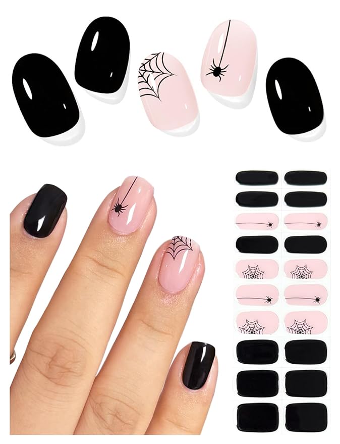 Semi Cured Gel Nail Strips (Black Spider Web), Halloween, 20 Pcs Gel Nail Wraps, Stickers, Salon Quality, Long Lasting, Works with Any Lamps