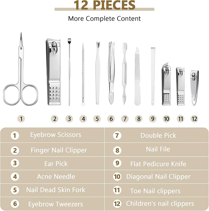 Geosar 12 Sets Christmas Stocking Stuffer Manicure Set Nail Clippers Set Pedicure Kit 12 in 1 Stainless Steel Professional Grooming Kits Nail Care Tools with Travel Case for Xmas Gifts(Modern Style)