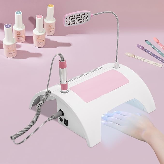 5-in-1 Manicure Machine, 60W Nail Dust Collector with Nail Drill Hand Rest and LED Desk Lamp, Professional Nails Lamp for Salon and Home Use(UV + LED, HWD-1250)
