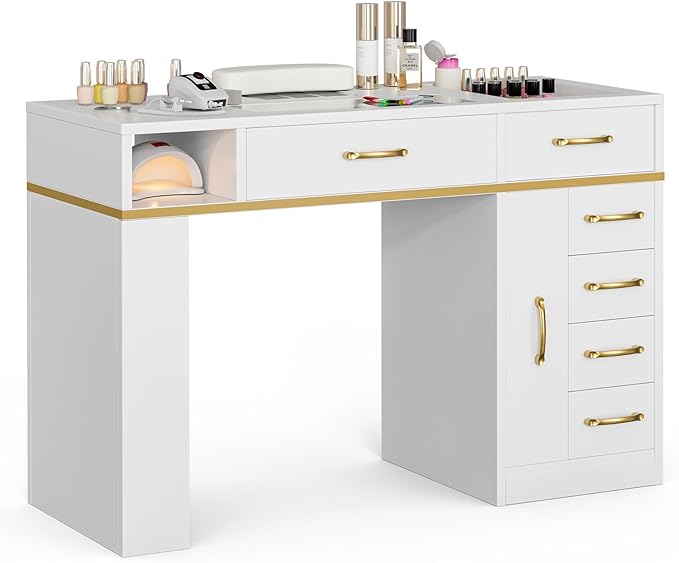 Nail Tech Table with Dust Collector, Glass Top Manicure Table Nail Desk Station w/7 Drawers & 3-Tiers Open Shelves, Nail Beauty Workstation w/Wrist Cushion & Acrylic Display Rack（White）