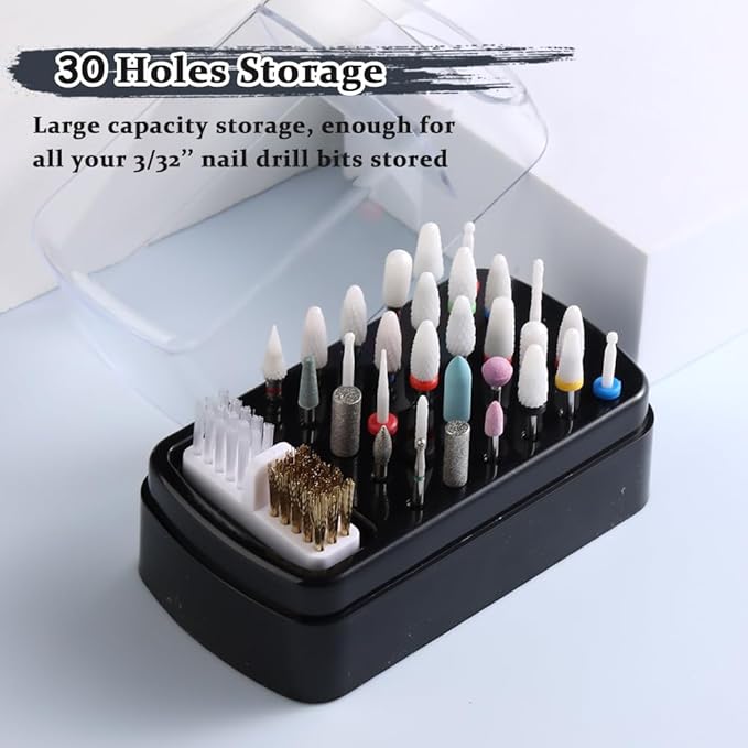 2 in 1 Nail Drill Bits Holder with Nail Drill Bits Cleanser, 30 Holes Dustproof Drill Bits Stand Display Storage Box, Steel Wire & Nylon Double Brush Manicure Drill Cleaning Tools for Home Salon