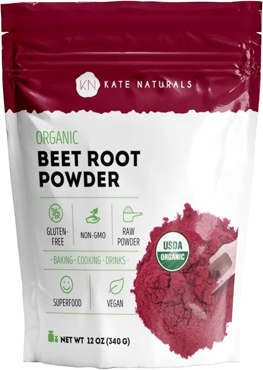 Kate Naturals Organic Beet Root Powder for Smoothies, Baking & Juice. Raw Beetroot Superfood Extract & Natural Red Food Coloring & Nitric Oxide (8oz, Non-GMO, Earthy Flavor)
