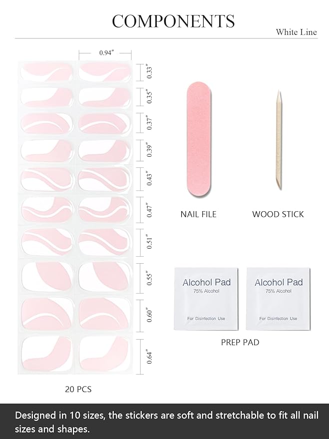 Semi Cured Gel Nail Strips (White Line), Clesr Pink, 20 Pcs Gel Nail Wraps, Stickers, UV Light Required, Salon Quality, Long Lasting
