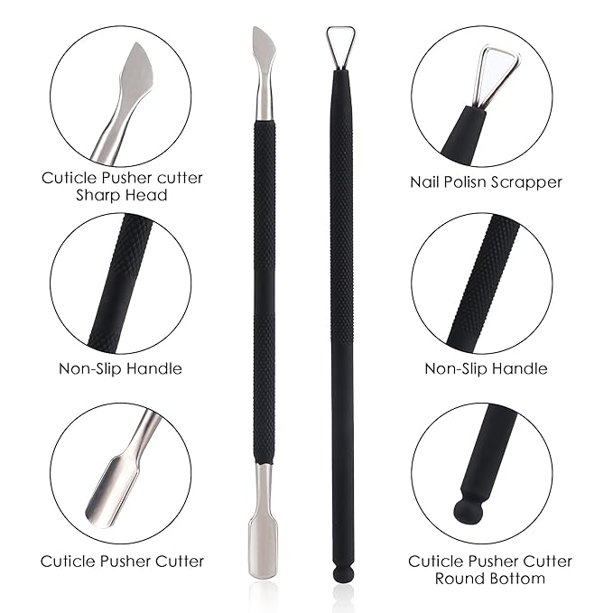 YINYIN Professional Cuticle Trimmer with Pusher and Cutter - Stainless Steel Cuticle Clippers for Fingernails and Toenails (Black)